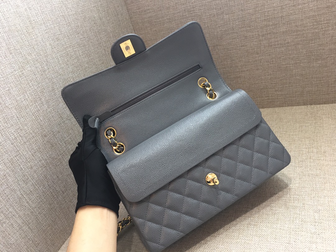 Medium Classic Flap Caviar Bag A01112 Dark Gray/Gold